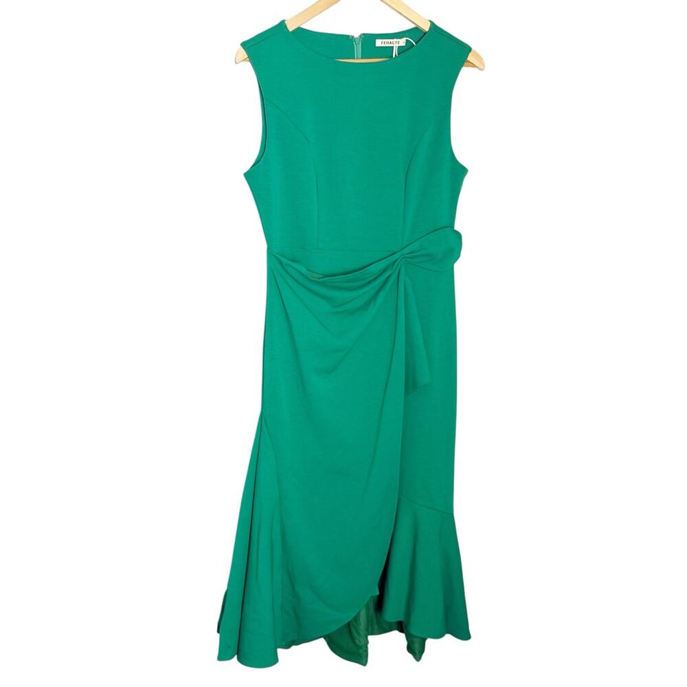 Fehaute Solid Green Asymmetrical Flounce Hem Draped Sleeveless Midi Dress Size 4